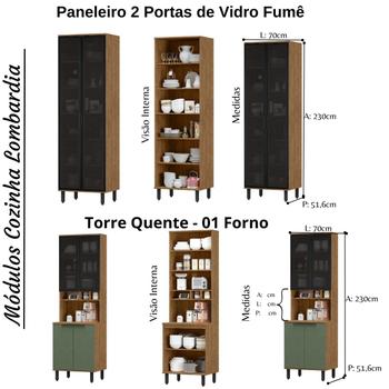Imagem de Cozinha Modulada Completa de Canto em MDF Lombardia com Portas de Vidro - cor Freijó/Jade