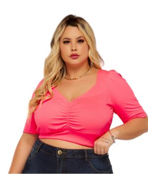 Imagem de Cropped c Decote Franzido Blusa c Manga Plus Size Blusinha