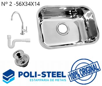 Imagem de Cuba Pia Cozinha nº2 56x34x14 INOX POLIDA + SIFÃO +VÁLVULA +TORNEIRA BANCADA RAINHA - Poli-Steel