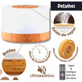 Imagem de Difusor De Aromas E Umidificador Ultrassônico Purificador 500ml Bivolt Led Colorida Com Controle Remoto - Madeira Clara