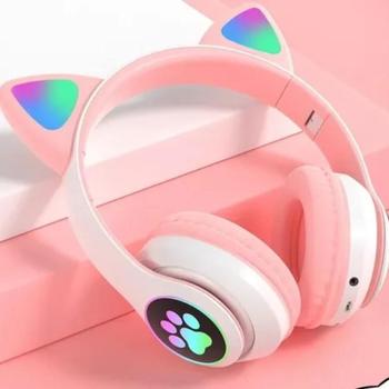 Imagem de Fone De Ouvido Over-Ear Gamer Sem Fio Cat Stn-28 Rosa Led