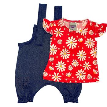 Imagem de Jardineira bebe menina jeans e blusa vermelha