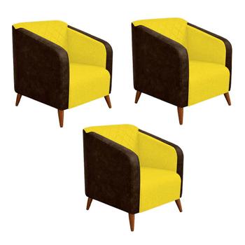 Imagem de Kit 03 Poltrona Silmara Compose material sintético Nozes Decorativa   Pés Madeira 2 Lugares Sala de Estar Recepção Escritório Consultório Suede Amarelo - KDAcanto