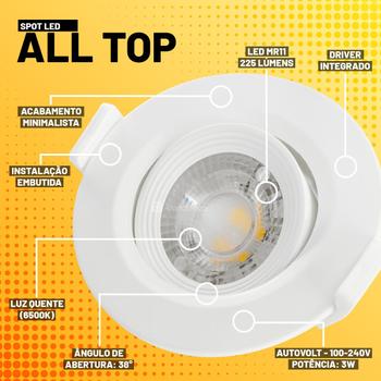 Imagem de Kit 10 Spot LED Taschibra Alltop Embutir Redondo MR11 3W 38º