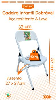 Imagem de Kit 2 Cadeira Infantil Dobrável Em Aço Resistente Até 40 Kg Ideal P/ Crianças Cores Estampas Divertidas Não Risca Chão