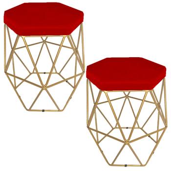 Imagem de Kit 2 puff decorativos para sala hexagonal aramado base dourada suede vermelho - clique e decore