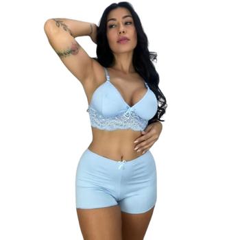 Imagem de Kit 2 Short Doll Feminino Para Dormir Cropeed Short Renda Confortável Linha Noite Babydoll Pijama