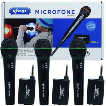 Imagem de Kit 3 Microfones sem Fio Profissional Wireless P10 para Karaokê e Caixa de Som Knup KP-M0005 Preto