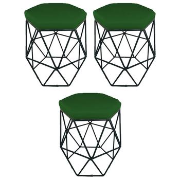 Imagem de Kit 3 puff decorativos para sala hexagonal aramado base preta suede verde - clique e decore