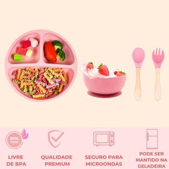 Imagem de Kit alimentação bebê pratinho silicone introdução alimentar kit prato silicone ventosa bebê completo