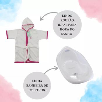 Imagem de Kit Banheira 22L Plastibaby Roupão Saboneteira Escova Prendedor de Chupeta Pente Para Bebê Rosa Azul