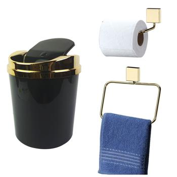 Imagem de Kit Banheiro 3 Peças Lixeira Suporte Papel Higiênico Toalheiro Argola Dourado - Future