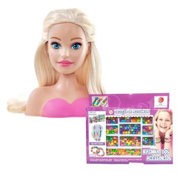 Imagem de Kit Boneca Barbie Busto Para Pentear e Com Acessórios Para Fazer Pulseiras Menina Brinquedo Infantil