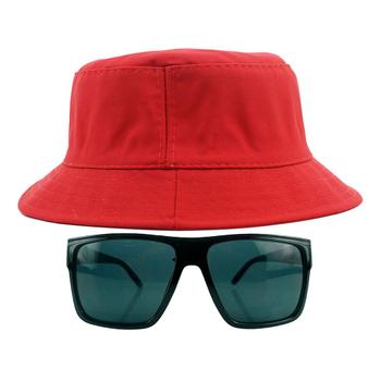 Imagem de Kit Com Chapéu Bucket Hat, Óculos de Sol Retangular Com Proteção Uv400 Masculino Espelhado Armação Fosca Preto MD-40