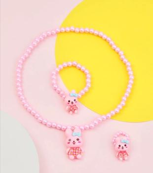 Imagem de Kit Conjunto Infantil Colar e Pulseira Anel Miçangas Pérola Colorida Pingente Urso Coelho Flor Sereia Doce Borboleta