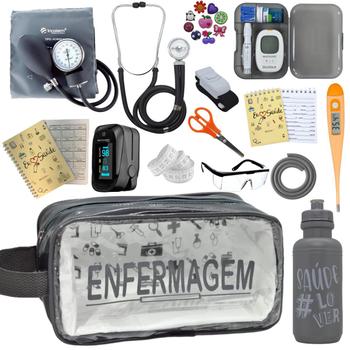 Imagem de Kit Enfermagem Estetoscopio Multi Aparelho de Pressao Manual Completo Necessaire Transparente Estagio Incoterm