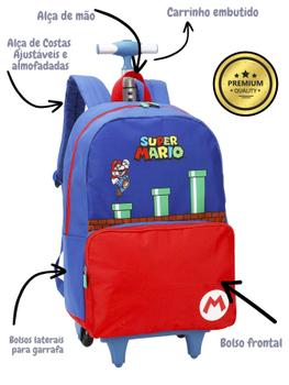 Imagem de Kit Escolar Super Mario Mochila Rodas + Lancheira Azul