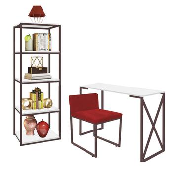 Imagem de Kit Escritório Bex 1 Cadeira Suede Vermelho com 1 Mesa e 1 Livreiro Ferro Marrom MDF Branco - Ahazzo Móveis