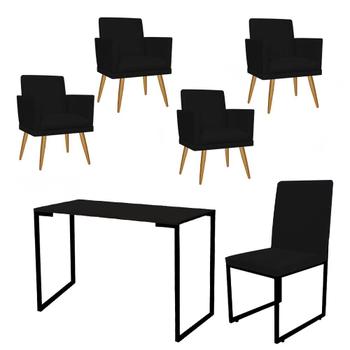 Imagem de Kit Escritório Stan 4 Poltronas Rodapé com Cadeira e Mesa Industrial Tampo Preto Tecido Sintético Preto - Ahz Móveis