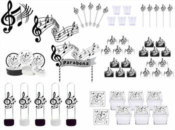 Imagem de Kit Festa Música Preto e Branco 283 peças (30 pessoas) painel e cx