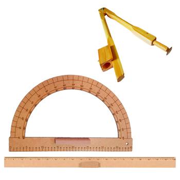 Imagem de Kit Geométrico do Professor Mdf Com Régua 1 Metro 1 Compasso Para Quadro Branco 40 cm e Transferidor 180 Graus