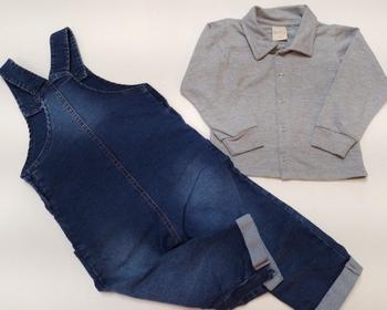 Imagem de Kit Jardineira Jeans + Camisa Longa Luxo Menino Katita 27117