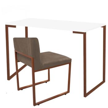 Imagem de Kit Mesa Escrivaninha Stan e Cadeira Lee Industrial Escritório Tampo Branco Bronze material sintético Bege- Ahazzo Móveis