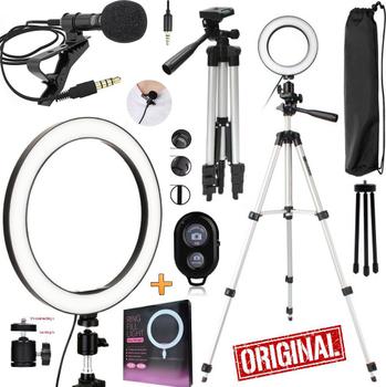 Imagem de Kit Para Gravar Vídeo Profissional Pedestal Microfone Para Celular + Iluminador Ring Light Led Com Controle Foto Selfie