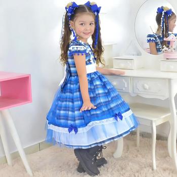 Imagem de Kit Vestido infantil Festa Junina São Joao Quadrilha Xadrez Azul + 2 laços + saia de filó