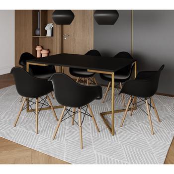 Imagem de Mesa Jantar Industrial Preta 137x90cm Base V Dourada com 6 Poltronas Eames Eiffel Daw Madeira Pretas