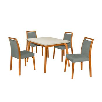 Imagem de Mesa Jantar Jade 120x90cm Off White com 4 Cadeiras Estofadas Veludo Cinza Base Madeira Maciça Mel