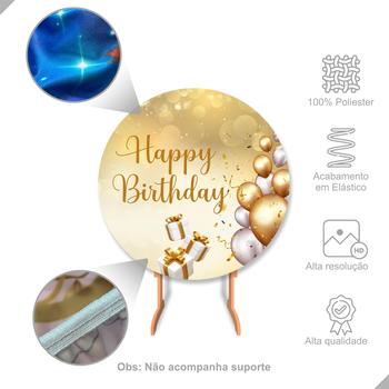 Imagem de Painel de Tecido Sublimado Redondo Happy Birthday Dourado Brilho Presentes Balões c/ Elástico 1,2x1,2m