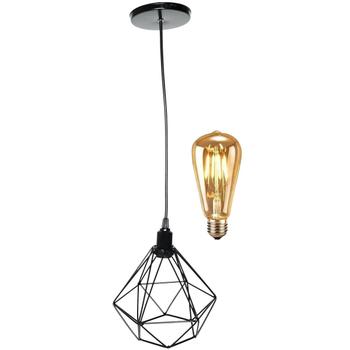 Imagem de Pendente Aramado Diamante Luminária Lustre Retrô Balcão Preto + Lâmpada Led ST64 Vintage Teto