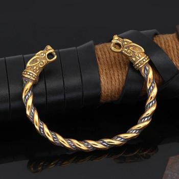 Imagem de Pulseira Masculina Viking Dourada Cabeça De Lobo Fenrir Toda Em Aço Inoxidável