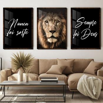 Imagem de Quadros Decorativos Kit 3 Moldura e Vidro Leão Sempre Deus