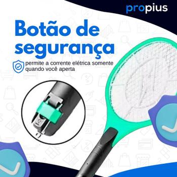 Imagem de Raquete Elétrica Mata Insetos Recarregável Choque 110/220 V Tensão Abelha Casa Botão Segurança Inmetro Plug Carregador