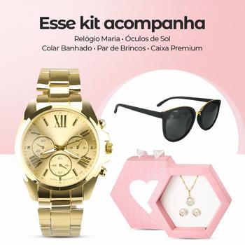 Imagem de Relogio dourado aço inox + colar e brincos + oculos de sol social casual original qualidade premium