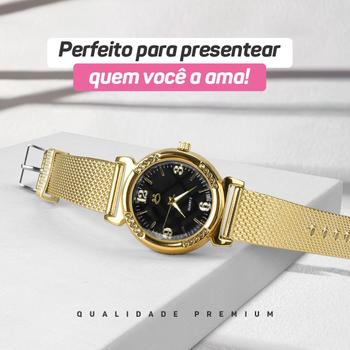 Imagem de Relogio Feminino Dourado + 2 Oculos Sol Proteção UV400 + Pulseira Estilo Pandora Banhado Ouro 18k