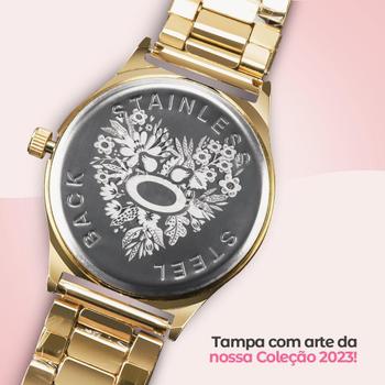 Imagem de Relógio Feminino Maria Dourado Aço Colar Brincos Caixa Kit