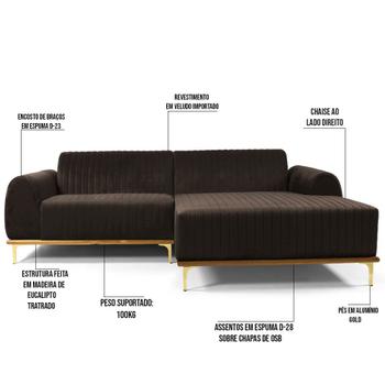 Imagem de Sofá 320cm 5 Lugares com Chaise Direito Pés Gold Molino B-261 Veludo Marrom - Domi