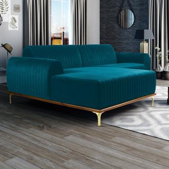 Imagem de Sofá 320cm 5 Lugares com Chaise Esquerdo Pés Gold Molino B-66 Veludo Turquesa - Domi