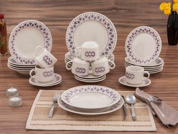 Aparelho de Jantar Chá 30 Peças Biona Cerâmica - Redondo Branco e Roxo Donna Maia