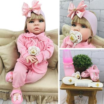 Boneca Bebê Reborn Loira Com Cílios Roupa Rosa 16 itens - Bebe Reborn Baby