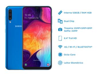 Smartphone Samsung Galaxy A50 128GB Azul 4G - 4GB RAM Tela 6,4” Câm. Tripla + Câm. Selfie 25MP