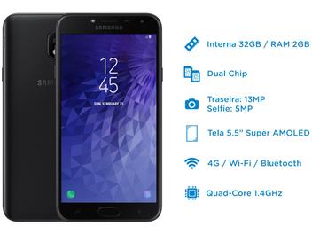 Smartphone Samsung Galaxy J4 16GB Preto 4G - 2GB RAM Tela 5,5” Câm. 13MP + Câm. Selfie 5MP