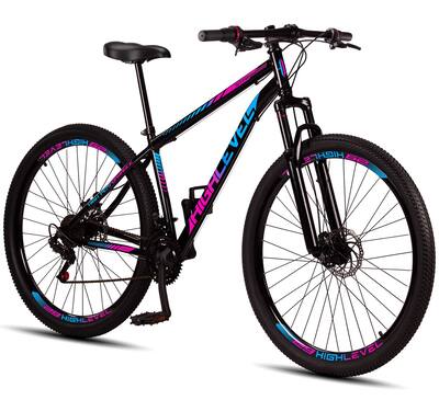 Bicicleta Aro 29 Highlevel Aço Carbono Freios a Disco Suspensão 21 marchas Preto Azul e Rosa