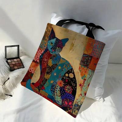Bolsa De Lona Com Estampa Floral De Gato, Leve, Estética, Para Compras, Bolsa De Ombro