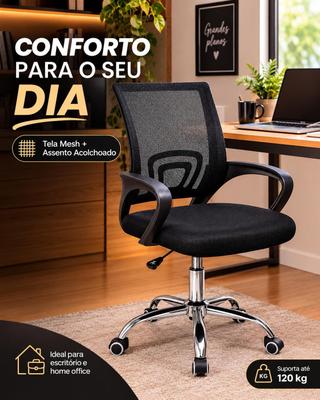 Cadeira Office Giratória Ergonômica Preta com Rodízios e Ajuste de Altura Kazalinda