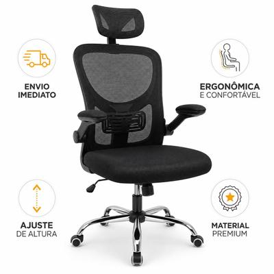 Cadeira Escritório Ergonômica Presidente Executiva Escritório com Apoio de Lombar Cabeça Ajustável Regulável Preto Mesh