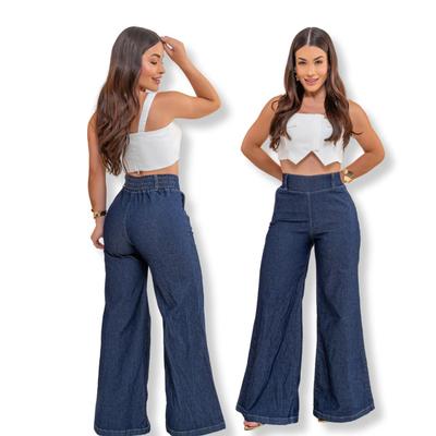Calça Jeans Feminina Pantalona com Lycra Wide Leg Cintura Alta